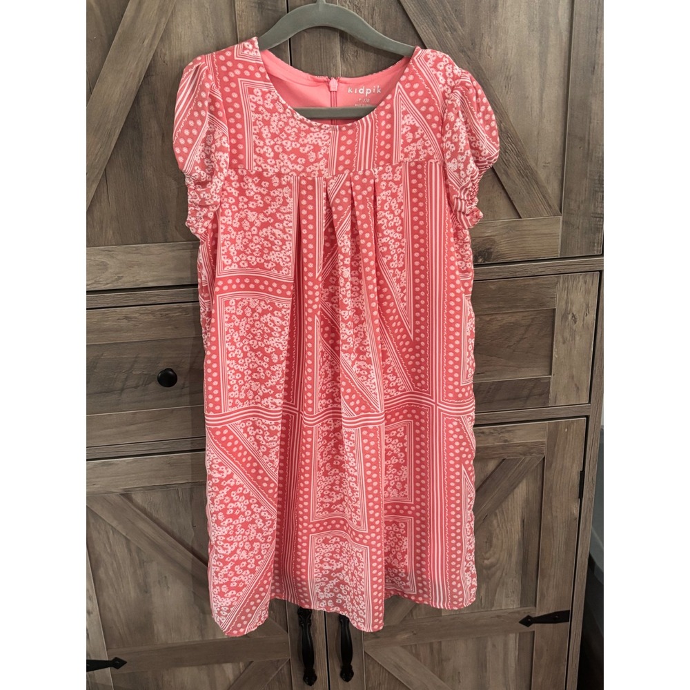Kidpik Girls Pink Bandana Patchwork Floral Puff Sleeve Pleated Dress Size 7/8